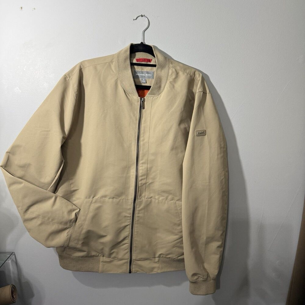 Michael Kors Men's Water Resistant Bomber Jacket Tan Khaki Orange Lining XL